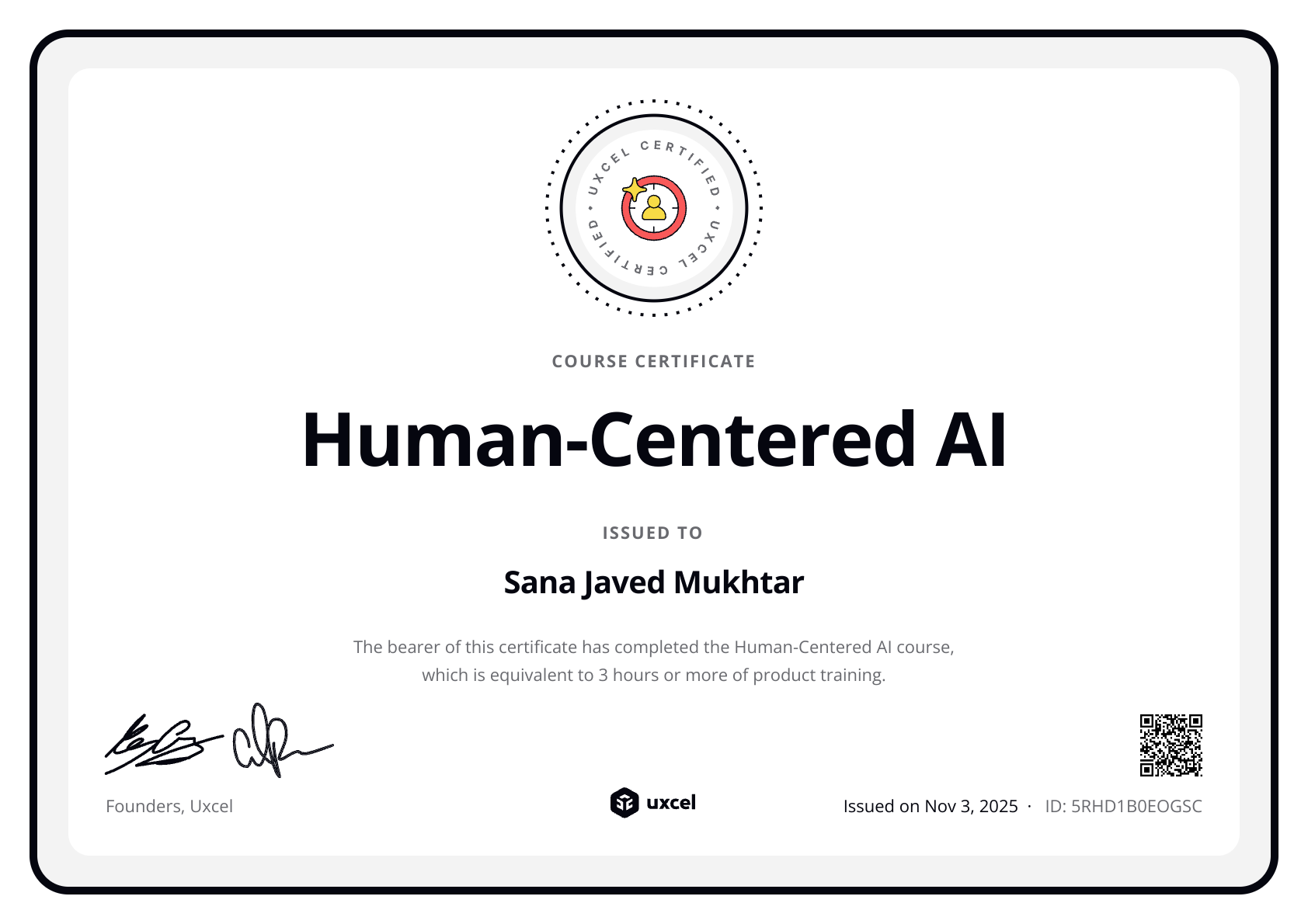 Sana Javed Mukhtar's certificate